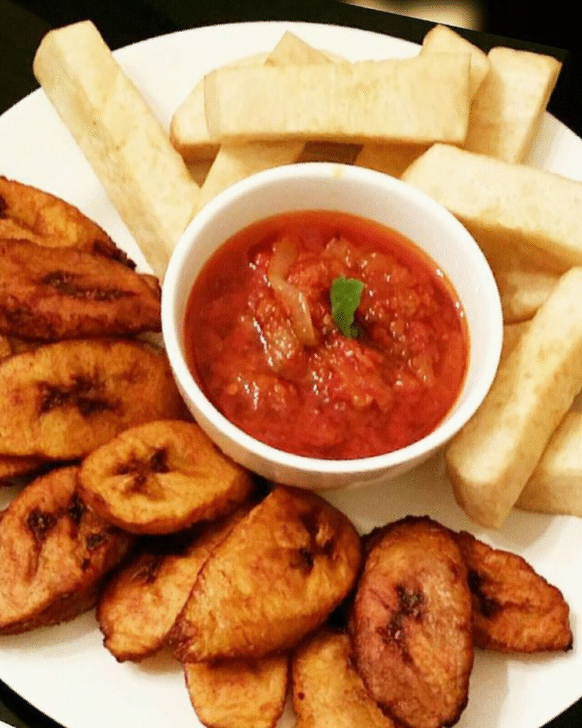 Crispy Yam & Plantain Fries served with tomato stew or ketchup