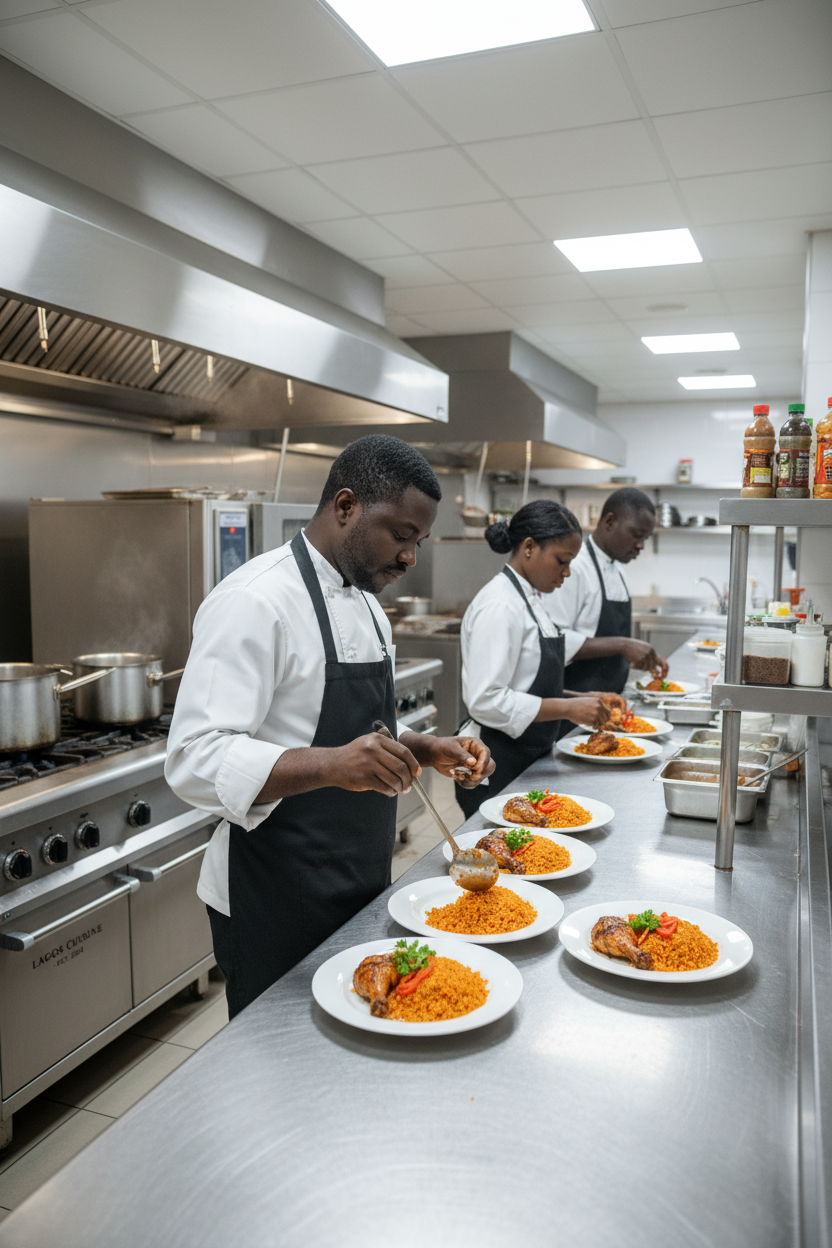 Three chefs in white uniforms and black aprons work in a professional kitchen, plating portions of jollof rice and chicken onto white plates along a stainless steel counter.