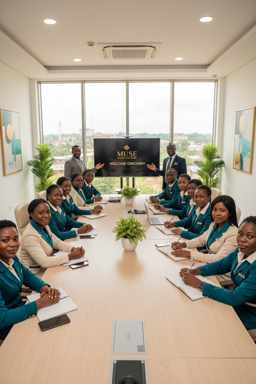 A group of professionals in teal and beige business attire sit around a long conference table in a bright office with a large screen displaying a welcome message.