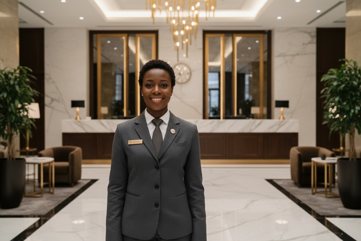 A smiling hotel receptionist in a grey suit stands in a modern, marble-floored lobby.